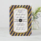 Faux Gold Art Deco Navy Blue Stripes Bridal Shower Invitation (Standing Front)