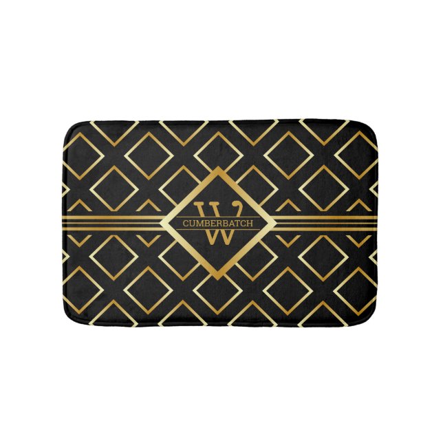 Faux Gold Axis Monogram – Black & Gold Bath Mat (Front)