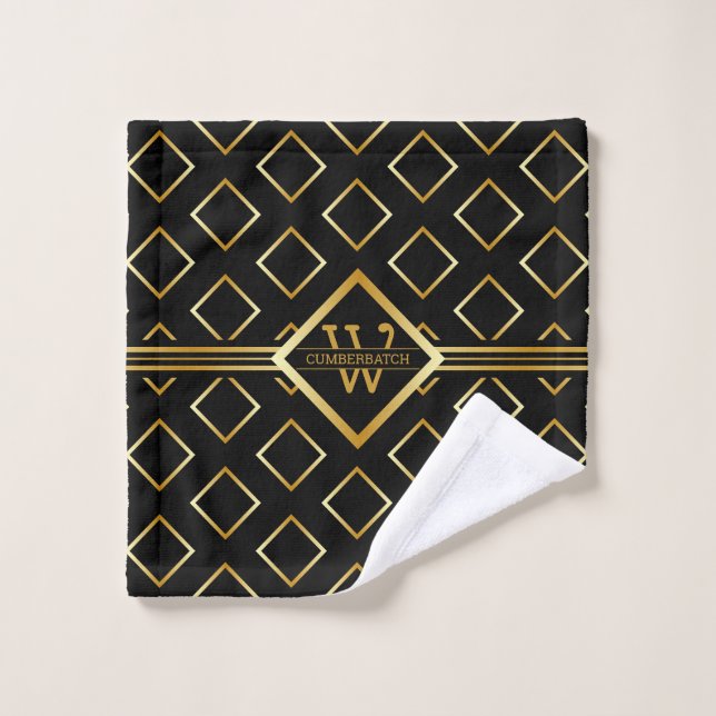 Faux Gold Axis Monogram – Black & Gold Bath Towel Set (Wash Cloth)