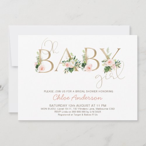 Faux Gold Baby Floral Oh Girl Baby Shower Invitation