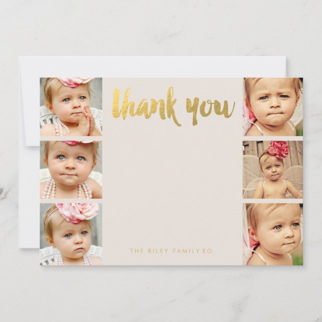 Faux Gold Baby Thank You 6 Photo Frame Flat Cards (Front)