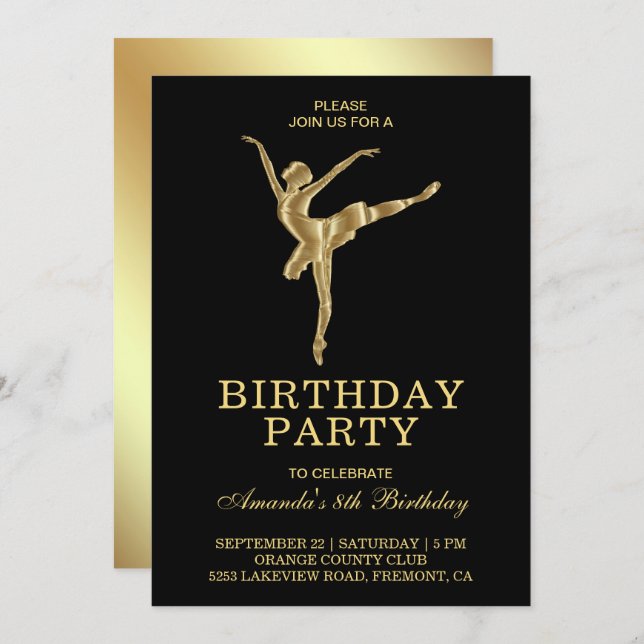 Faux Gold Ballet Girl Ballerina Birthday Party Invitation (Front/Back)