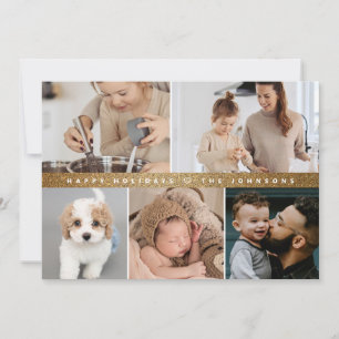 Faux Gold bar Happy Holidays Family Photo Collage Holiday Card