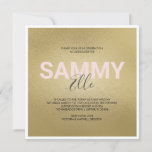 Faux Gold Bat Mitzvah Invitation<br><div class="desc">This square bat mitzvah party invitation features your name set in a bold modern font with with your middle name in trendy handwritten script typography over a faux gold background. The invite card reverses to a complimentary solid charcoal grey. A cute yet simple choice for your girl's stylish party. To...</div>