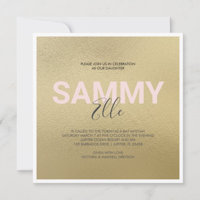 Faux Gold Bat Mitzvah xoxo Invitation (Front)