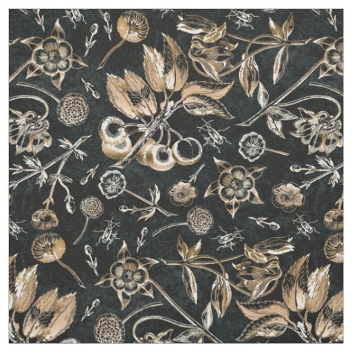 Faux Gold Beetles Flowers Leaves Cherry Fruits Fabric