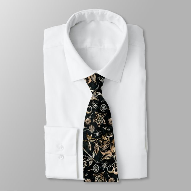 Faux Gold Beetles Flowers Leaves Cherry Fruits  Neck Tie (Tied)