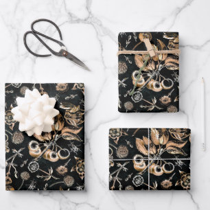 Faux Gold Beetles Flowers Leaves Cherry Fruits Wrapping Paper Sheets