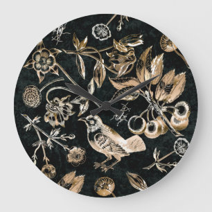 Faux Gold Bird Beetles Flowers Cherry Fruits Large Clock