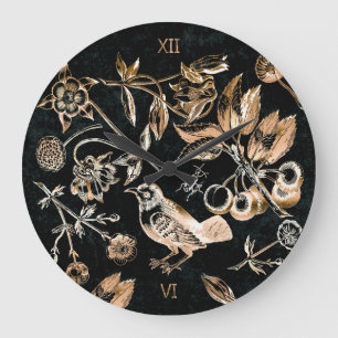 Faux Gold Bird Beetles Flowers Cherry Fruits Large Clock