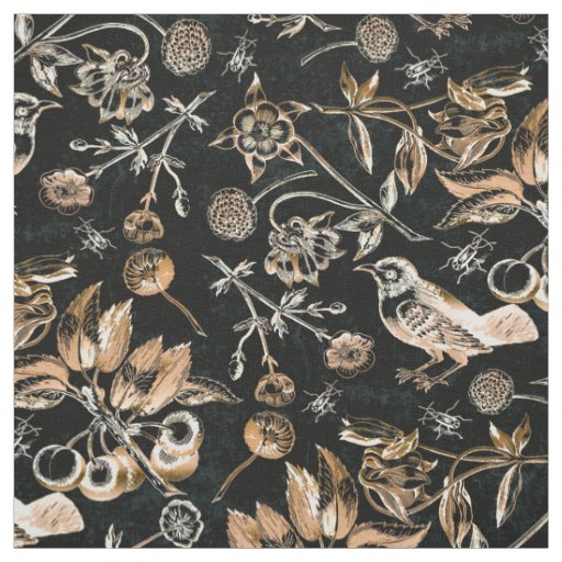 Faux Gold Birds Beetles Flowers Cherry Fruits Fabric