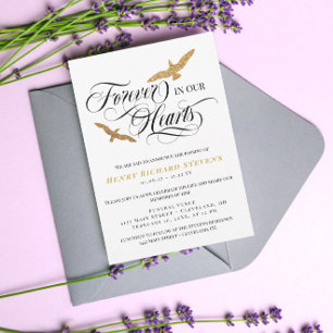 Faux Gold Birds Forever In Our Hearts Funeral Invitation