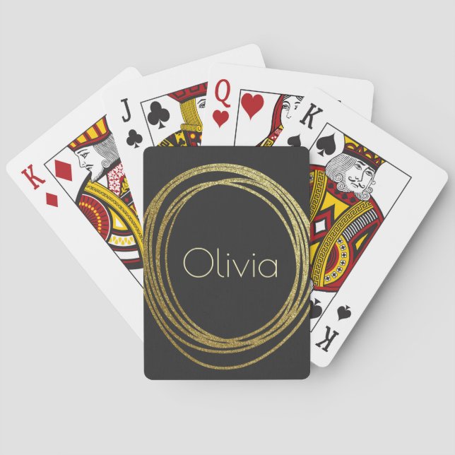 Faux Gold Black Abstract Circle Design Name Poker Cards (Back)