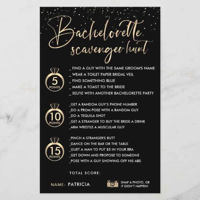 Faux Gold Black Bachelorette Scavenger Hunt Game (Front)