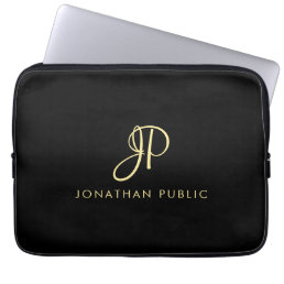 Faux Gold &amp; Black Calligraphed Monogram Template Laptop Sleeve