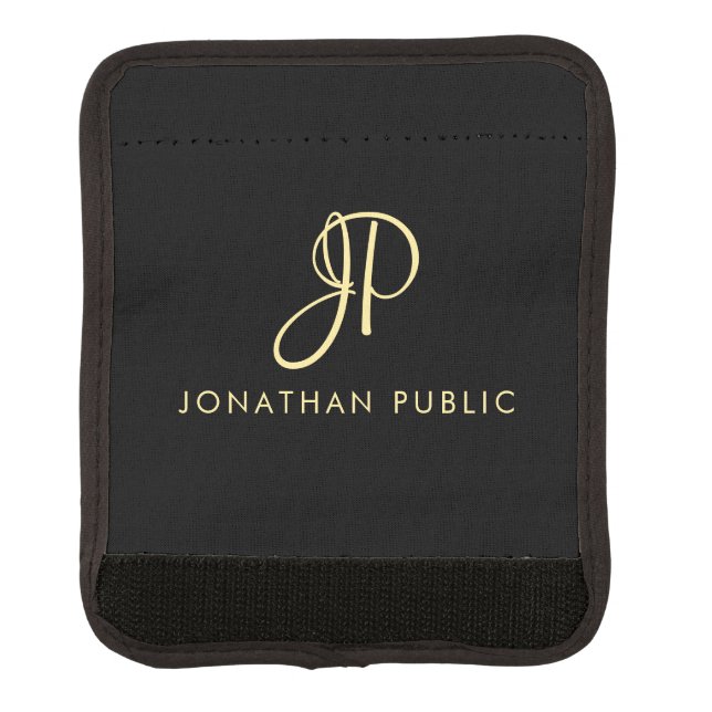 Faux Gold & Black Calligraphy Monogram Template Luggage Handle Wrap (Front)
