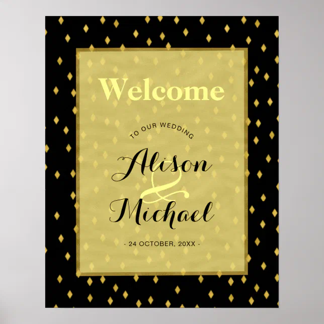 Faux gold black diamond pattern wedding welcome poster | Zazzle