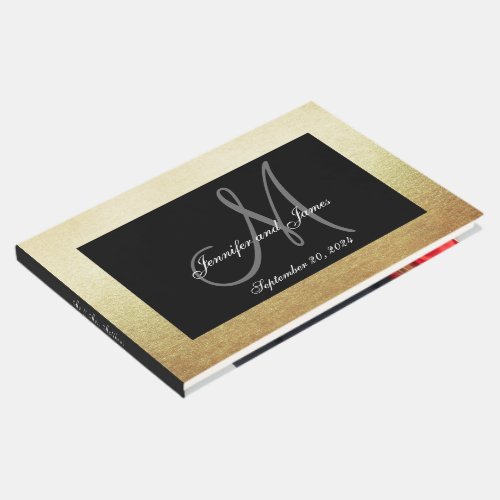 Faux Gold Black Elegant Monogram Photo Wedding Guest Book