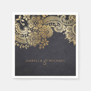 Faux gold black elegant vintage lace wedding napkins