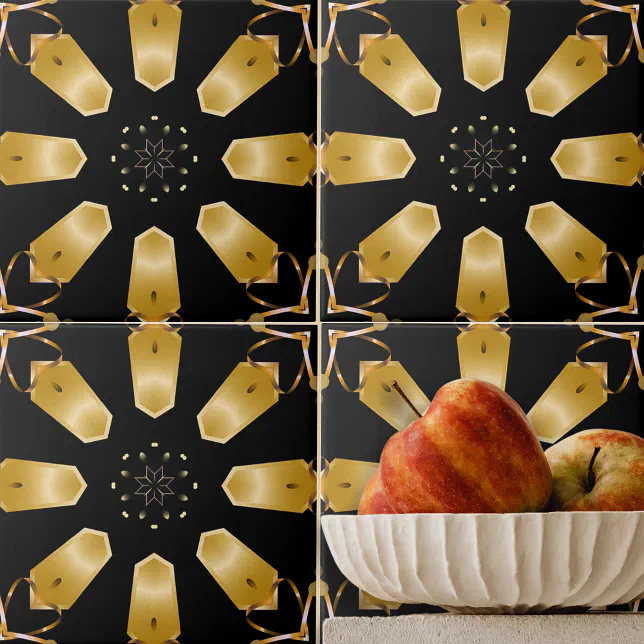 Faux Gold & Black Luxury Mosaic Geometric Pattern Ceramic Tile | Zazzle