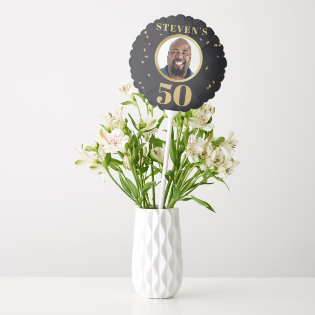 Faux Gold Black Photo Milestone Birthday Balloon (Vase)