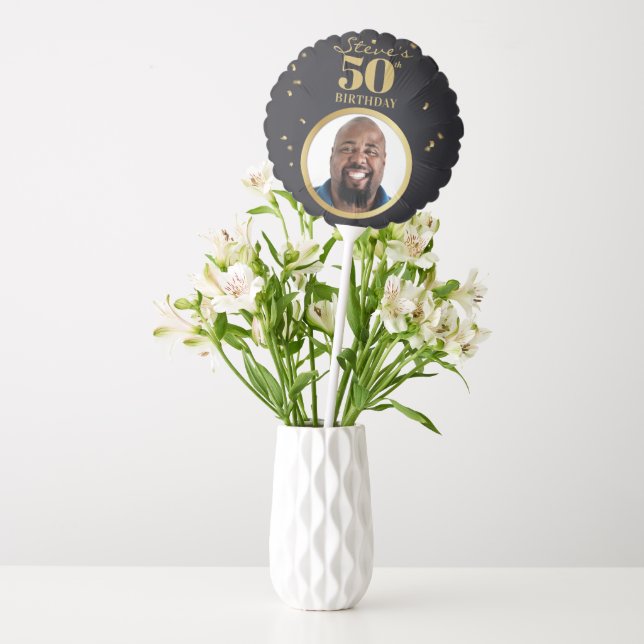 Faux Gold Black Photo Milestone Birthday Balloon (Vase)