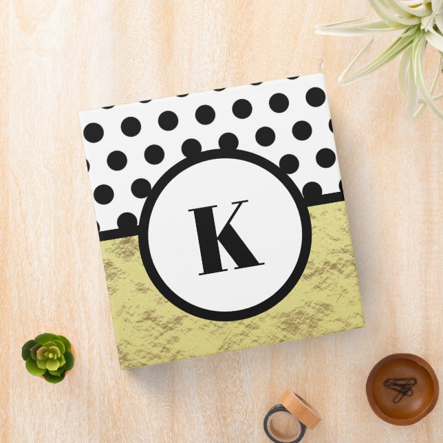 Faux Gold Black Polka Dot Monogram Initial 3 Ring Binder (In Situ)
