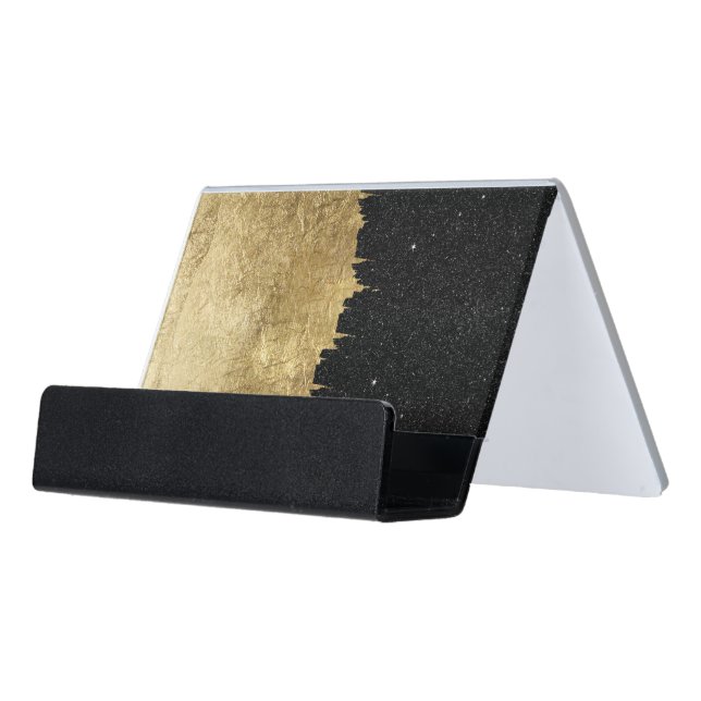 Faux Gold & Black Starry Night Brushstrokes Desk Business Card Holder (Angled Front)