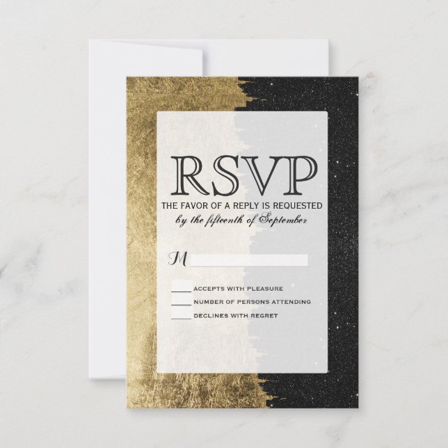 Faux Gold & Black Starry Night Brushstrokes RSVP Card (Front)