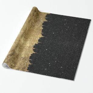Faux Gold & Black Starry Night Brushstrokes Wrapping Paper