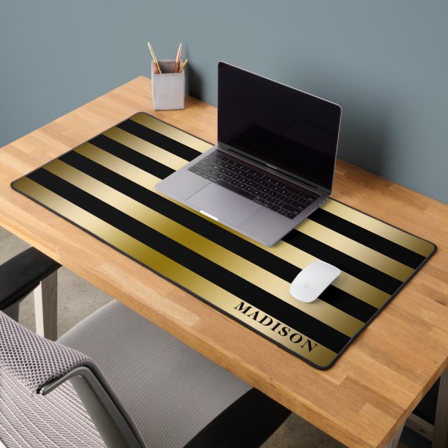 Faux Gold & Black Stripes Geometric Pattern Desk Mat (Office 2)