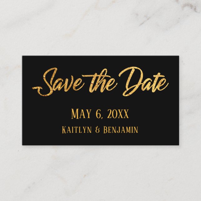 Faux Gold & Black Wedding Detail Save the Date Business Card (Front)