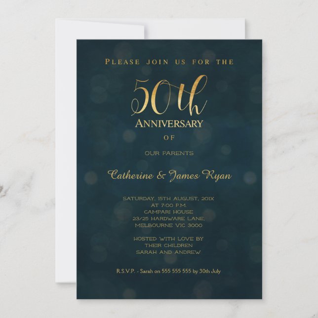 Faux Gold Blue 50th Wedding Anniversary Invitation (Front)