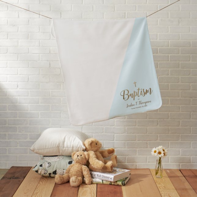 Faux Gold Blue Baby Baptism Bible Passage Custom Blanket (In Situ)