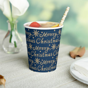 Faux Gold & Blue Merry Christmas Lettering Pattern Paper Cups