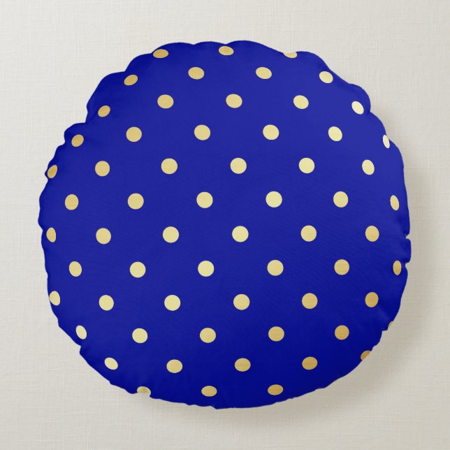 faux gold blue polka dots round pillow (Front)