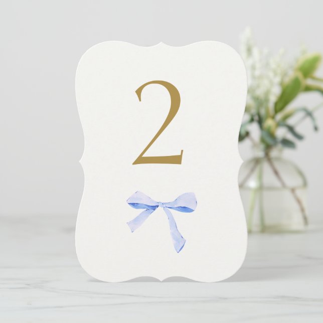 Faux Gold |  Blue Ribbon Wedding Table Number (Standing Front)
