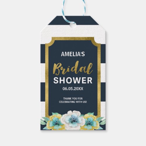 Faux Gold Blue  White Floral Bridal Shower Gift Tags