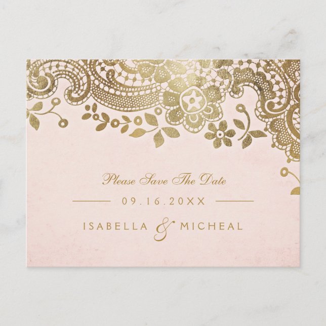 Faux gold blush elegant lace wedding save the date announcement postcard (Front)