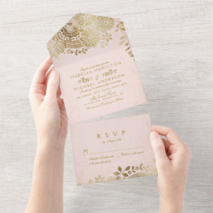 Faux gold blush elegant vintage lace wedding all i all in one invitation