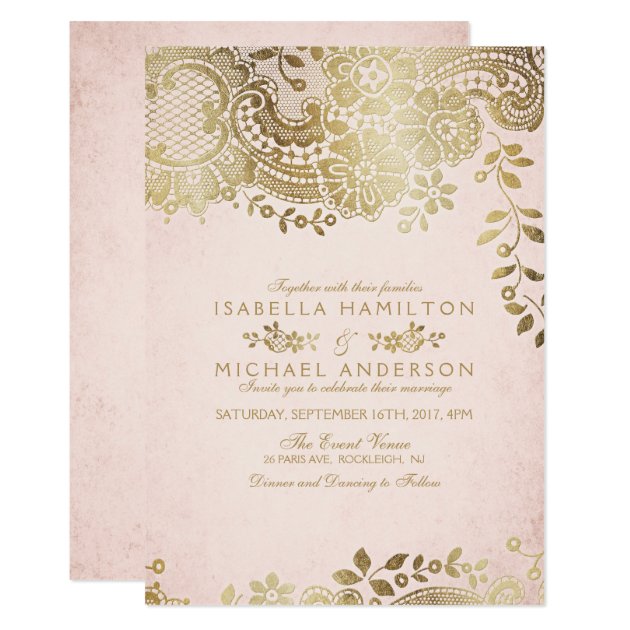 Faux Gold Blush Elegant Vintage Lace Wedding Invitation
