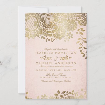 Faux Gold Blush Elegant Vintage Lace Wedding Invitation