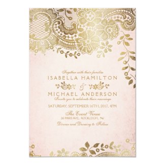 Faux gold blush elegant vintage lace wedding invitation