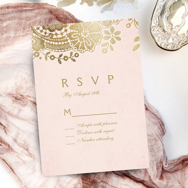Faux gold blush elegant vintage lace wedding RSVP Card (Faux gold blush elegant vintage lace wedding RSVP)