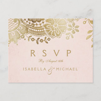 Faux gold blush elegant vintage lace wedding RSVP Invitation Postcard