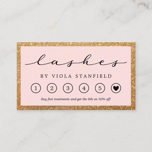 Faux Gold & Blush Pink Lashes Loyalty Card (Front)