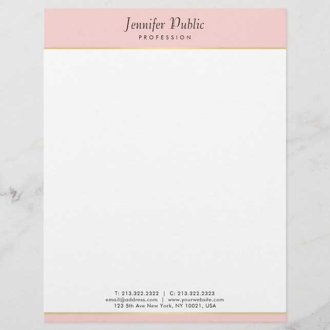 Faux Gold Blush Pink Modern Calligraphy Script Letterhead (Front)