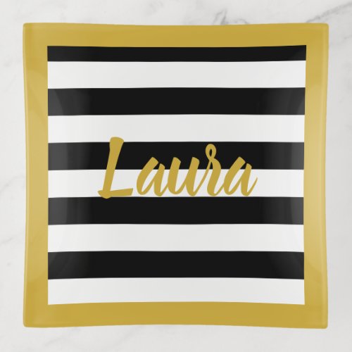 Faux Gold Border  Black and White Striped Pattern Trinket Tray