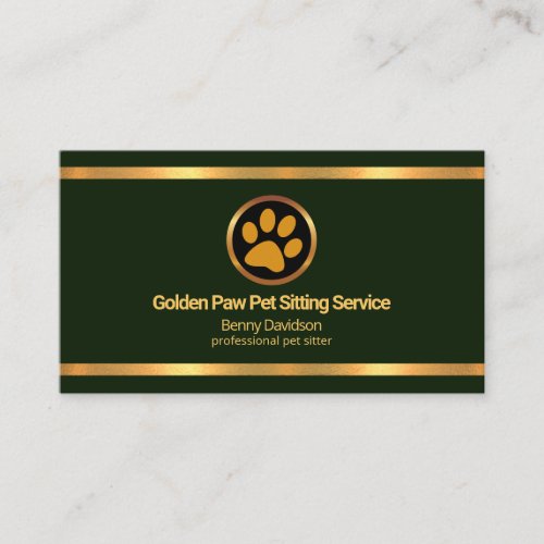 Faux Gold Borders Emerald Green Pet Sitting Business Card