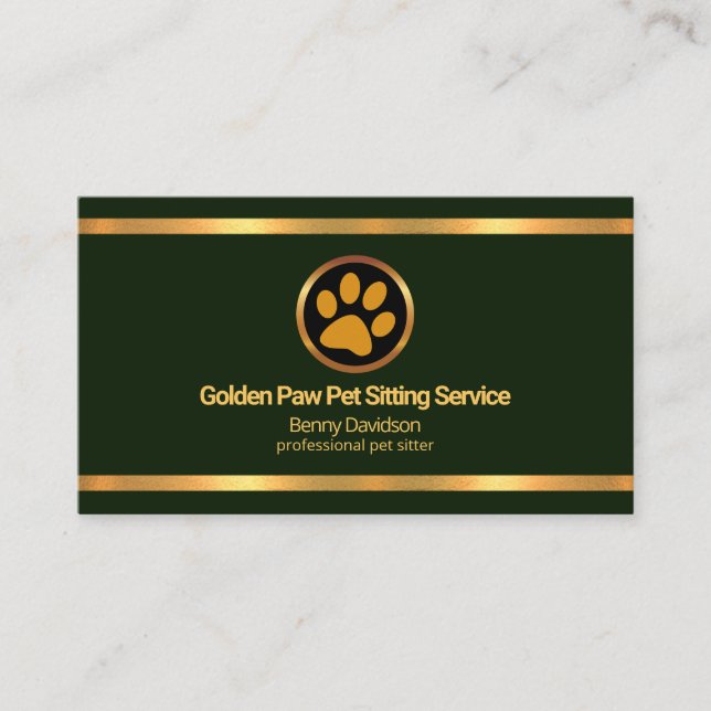 Faux Gold Borders Emerald Green Pet Sitting Business Card (Front)